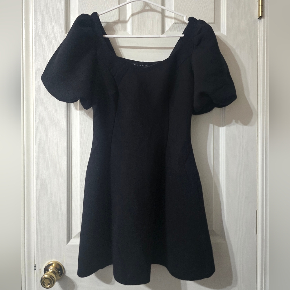 English Factory Black Puff Sleeve A-Line Mini Dress, Study Scuba Knit, EUC! - Picture 2 of 14